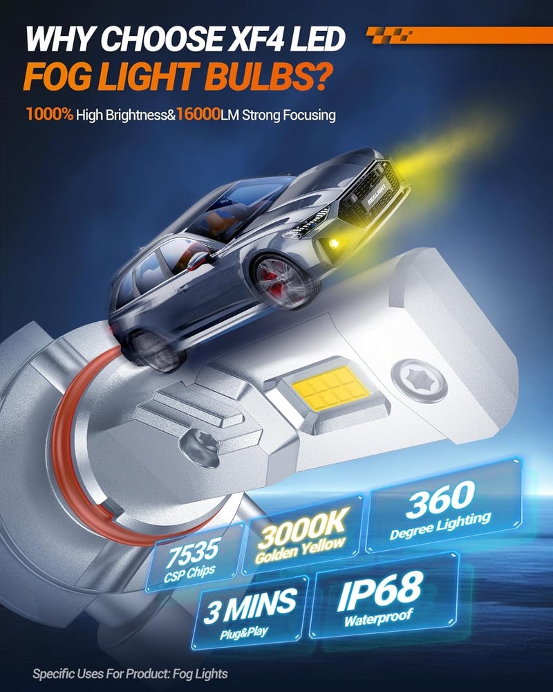 SEALIGHT H10 LED Fog Light Bulbs, 16000LM 3500K Amber Yellow Light 1000% Brightness, H10 9140 9145 Fog Lights LED Yellow, Strong Penetration, Plug and Play - Image 5
